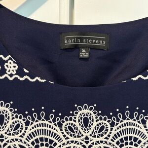karin stevens Navy Dress with White Lace Embroidery Accents